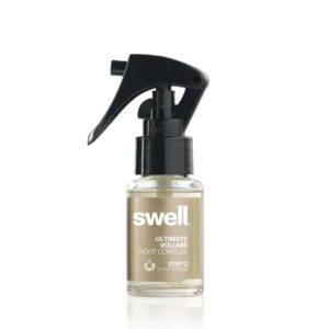 A travel-size bottle of Swell hair root complex on a white background